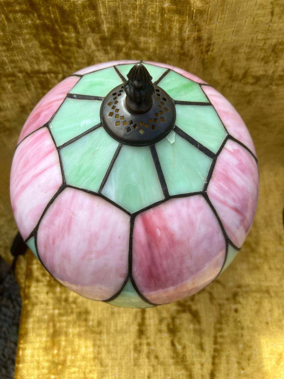 A Stunning Pair of Art Nouvea Tiffany Style Table Lamps Pink & Green