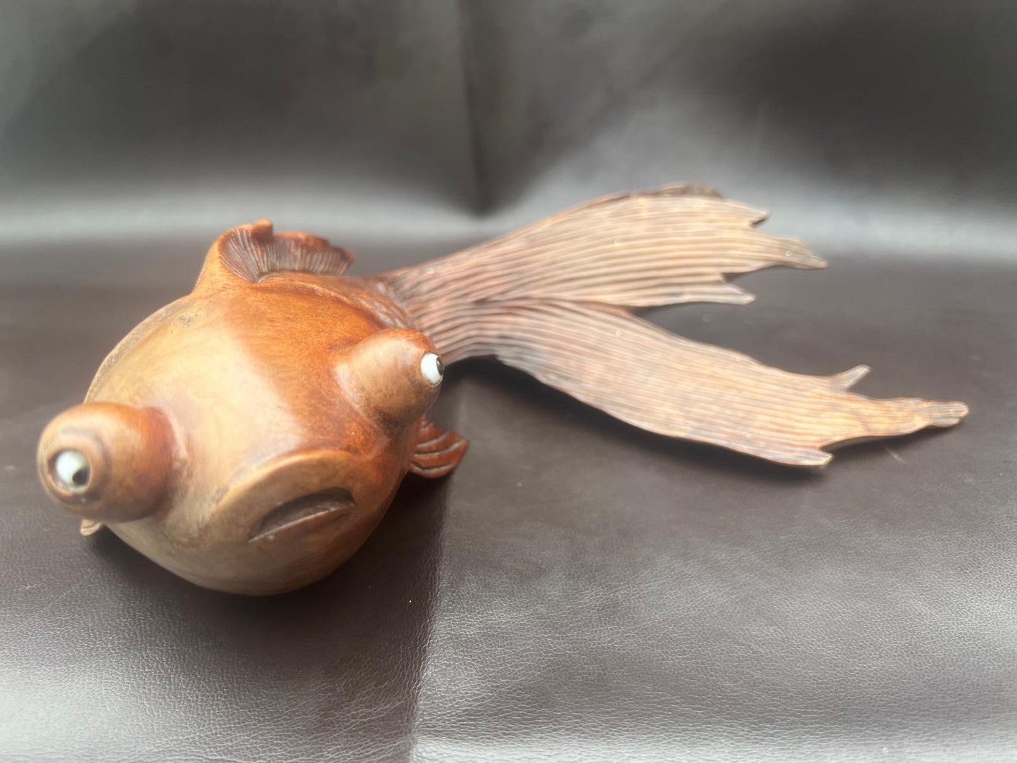 Stunning Pair of Rosewood Koi Carp Fish Ornaments with Glass Eyes Hand Carved