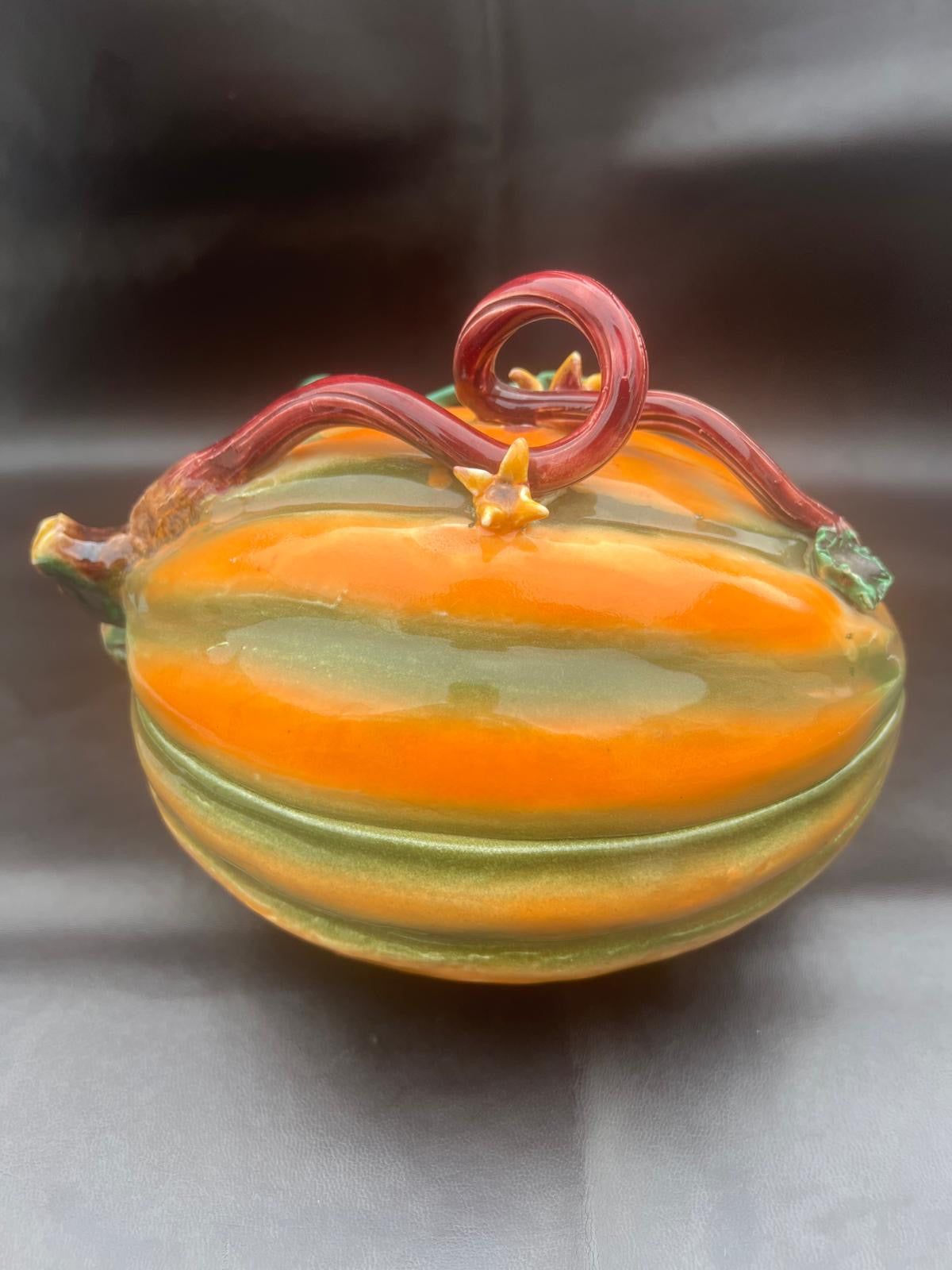 Vintage Ceramic Pumpkin Dish In Majolika Style Hand Painted Autumn Fall VGC