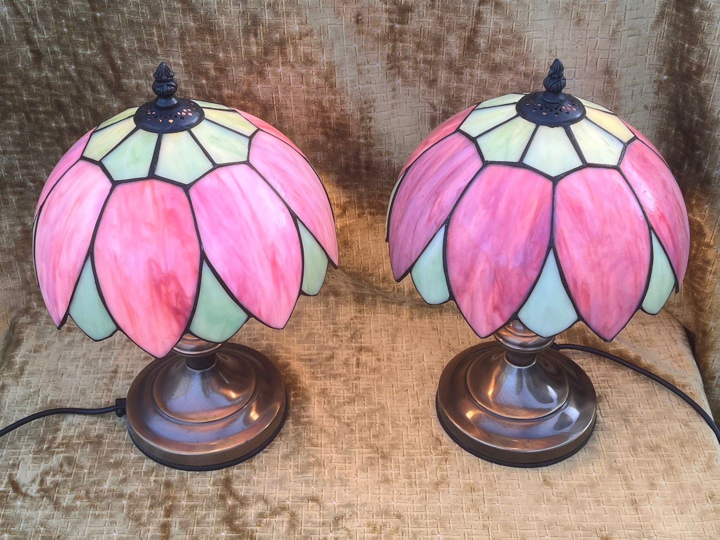 A Stunning Pair of Art Nouvea Tiffany Style Table Lamps Pink & Green