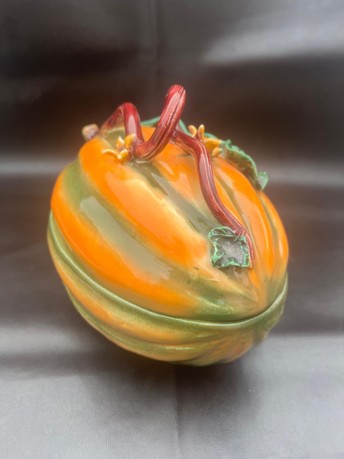 Vintage Ceramic Pumpkin Dish In Majolika Style Hand Painted Autumn Fall VGC