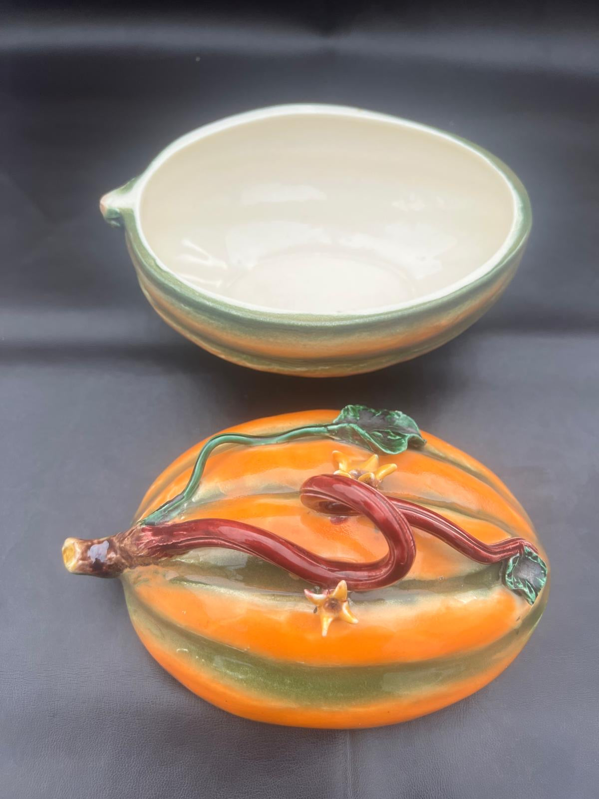 Vintage Ceramic Pumpkin Dish In Majolika Style Hand Painted Autumn Fall VGC