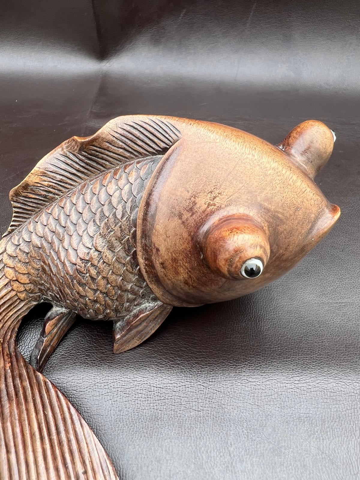 Stunning Pair of Rosewood Koi Carp Fish Ornaments with Glass Eyes Hand Carved