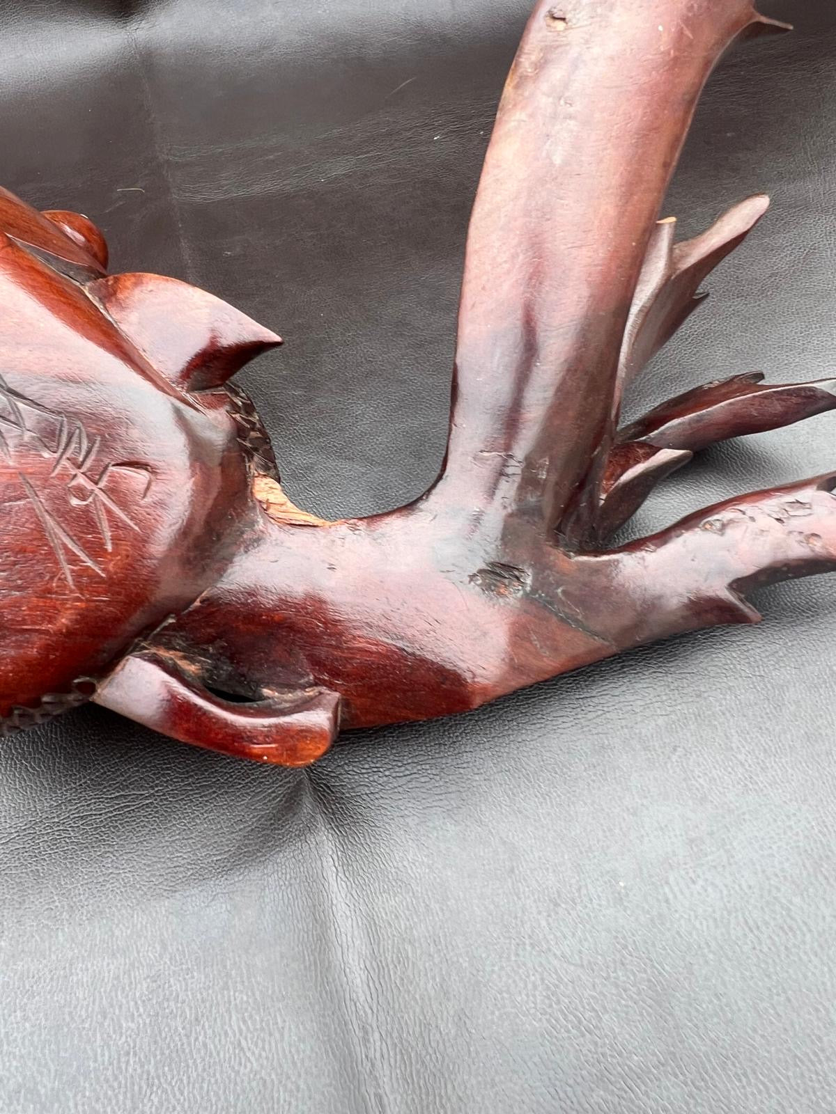 Stunning Pair of Rosewood Koi Carp Fish Ornaments with Glass Eyes Hand Carved