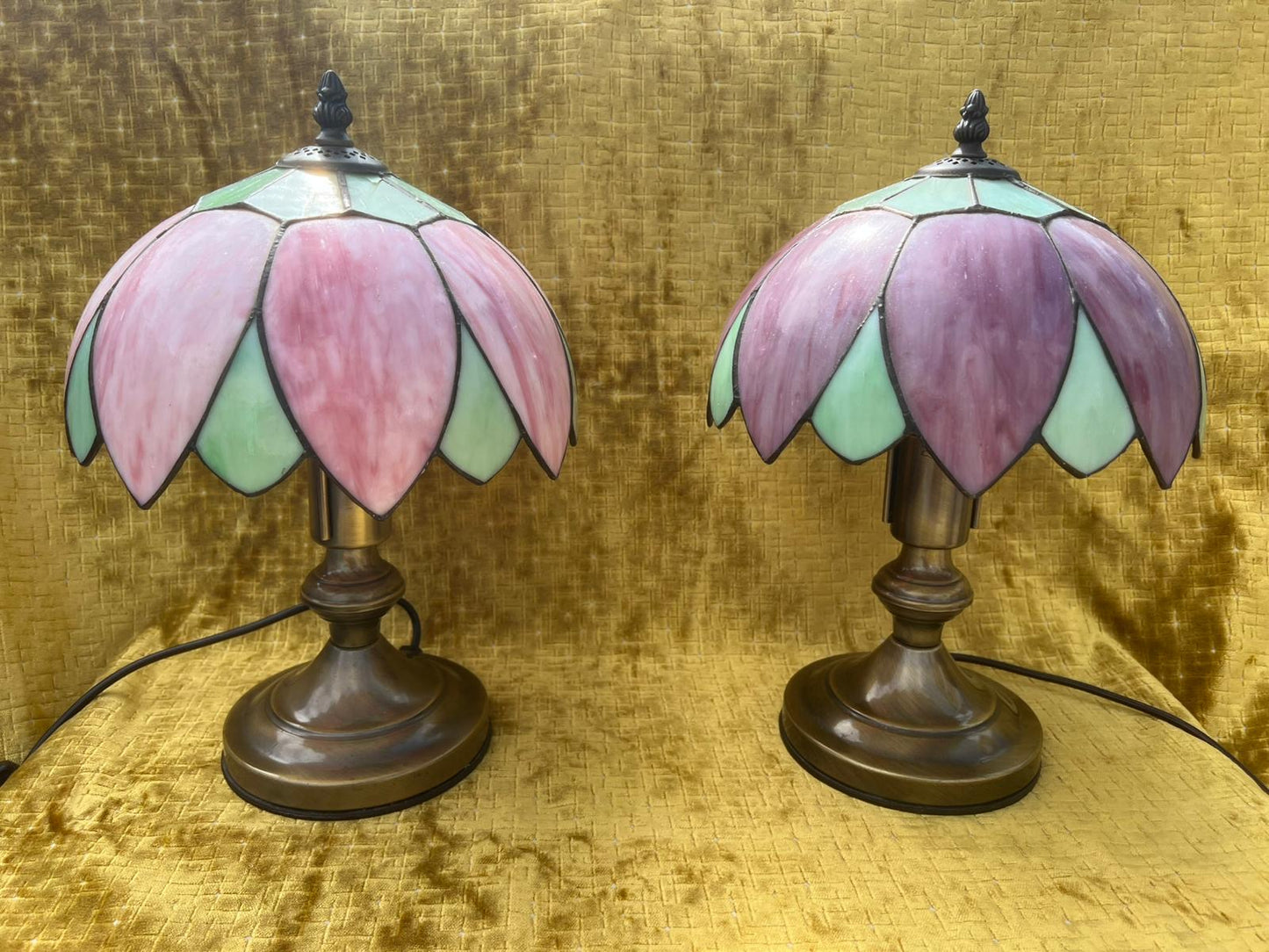A Stunning Pair of Art Nouvea Tiffany Style Table Lamps Pink & Green