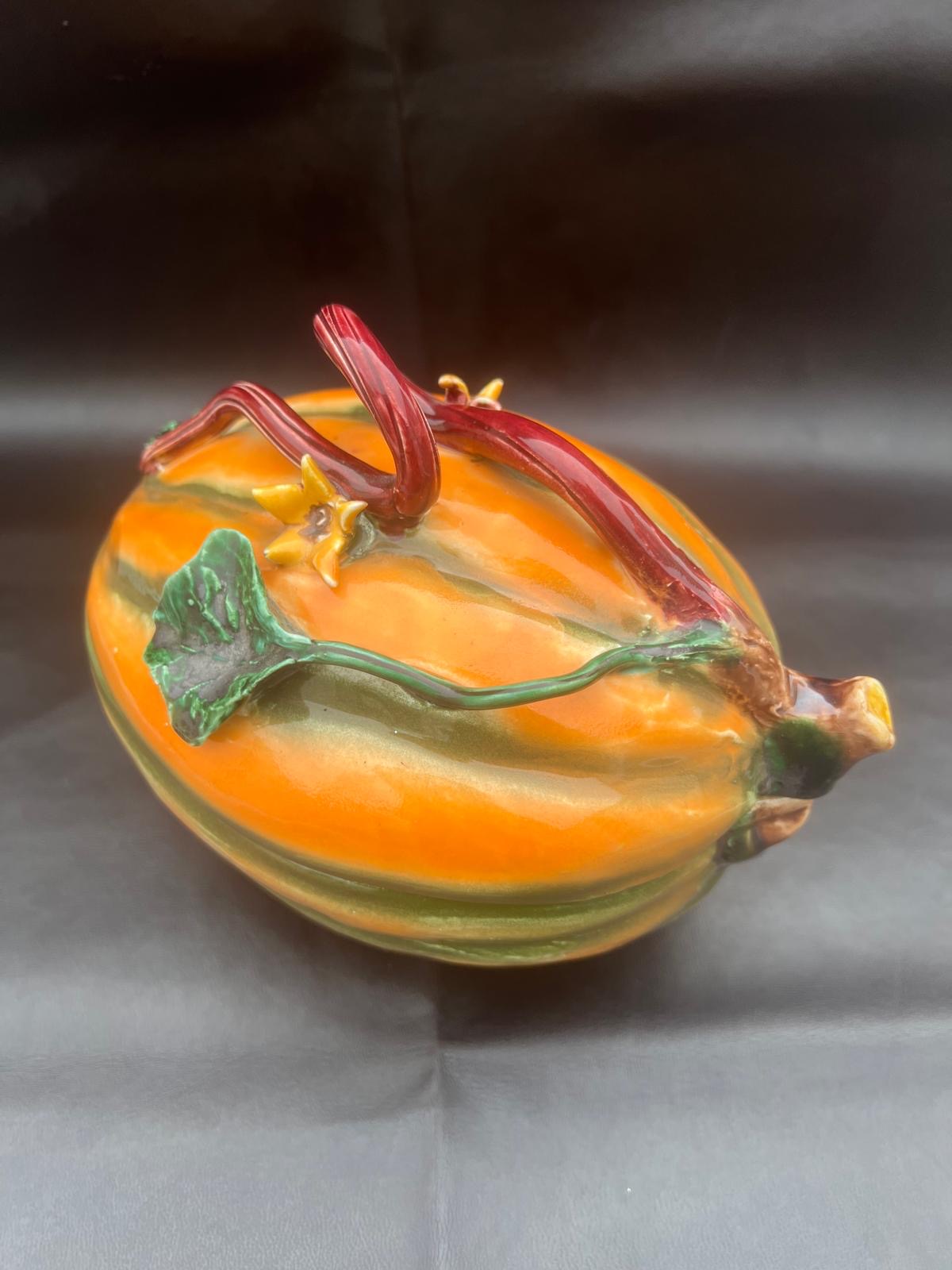 Vintage Ceramic Pumpkin Dish In Majolika Style Hand Painted Autumn Fall VGC