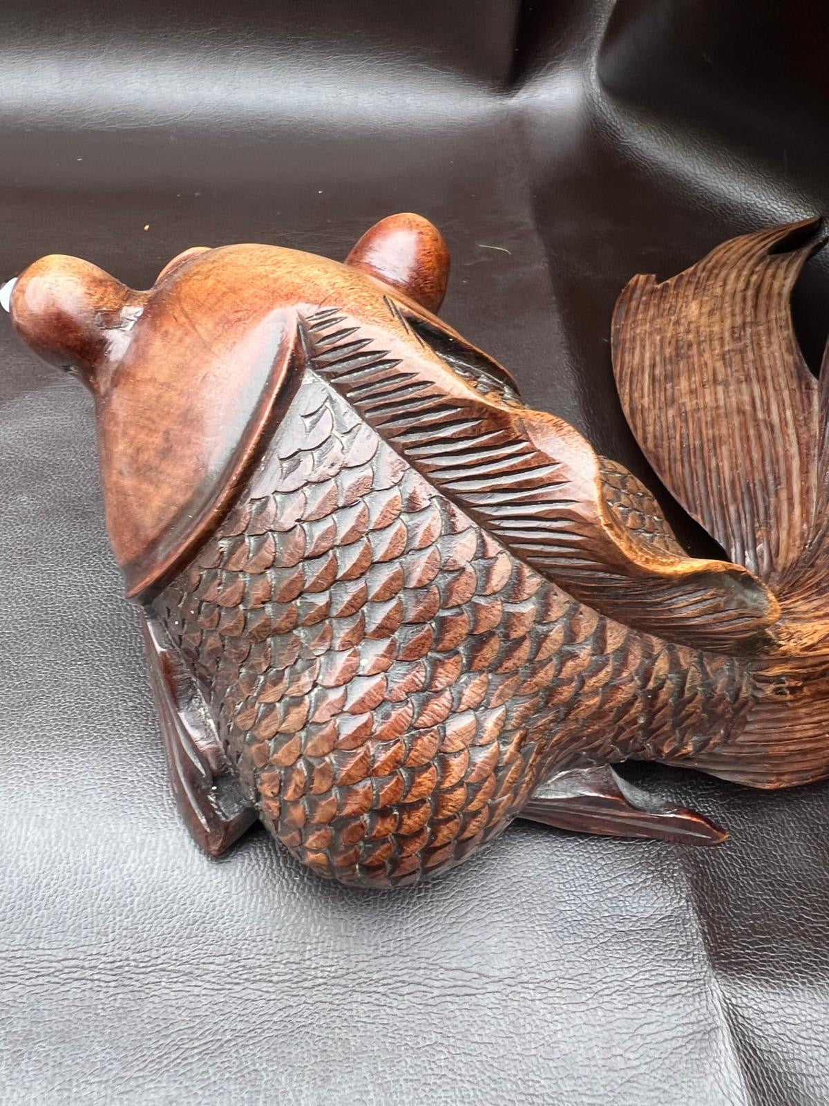 Stunning Pair of Rosewood Koi Carp Fish Ornaments with Glass Eyes Hand Carved