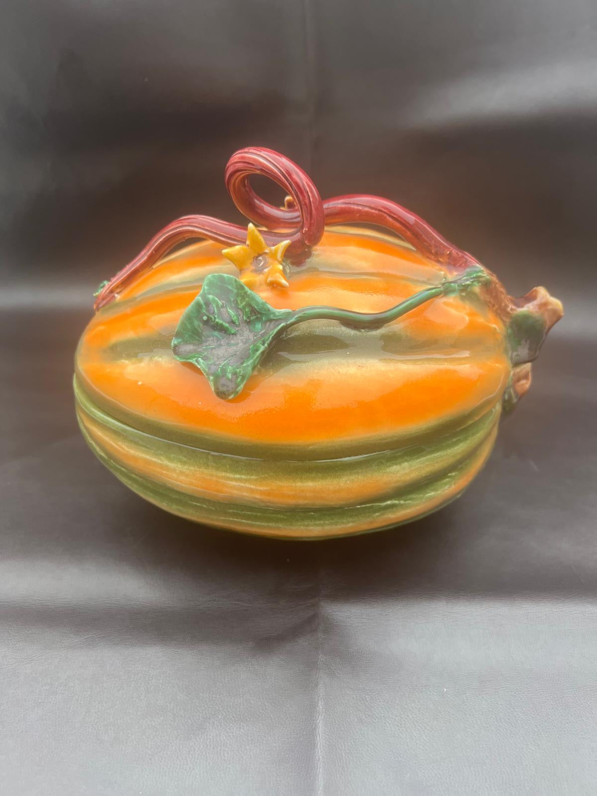 Vintage Ceramic Pumpkin Dish In Majolika Style Hand Painted Autumn Fall VGC