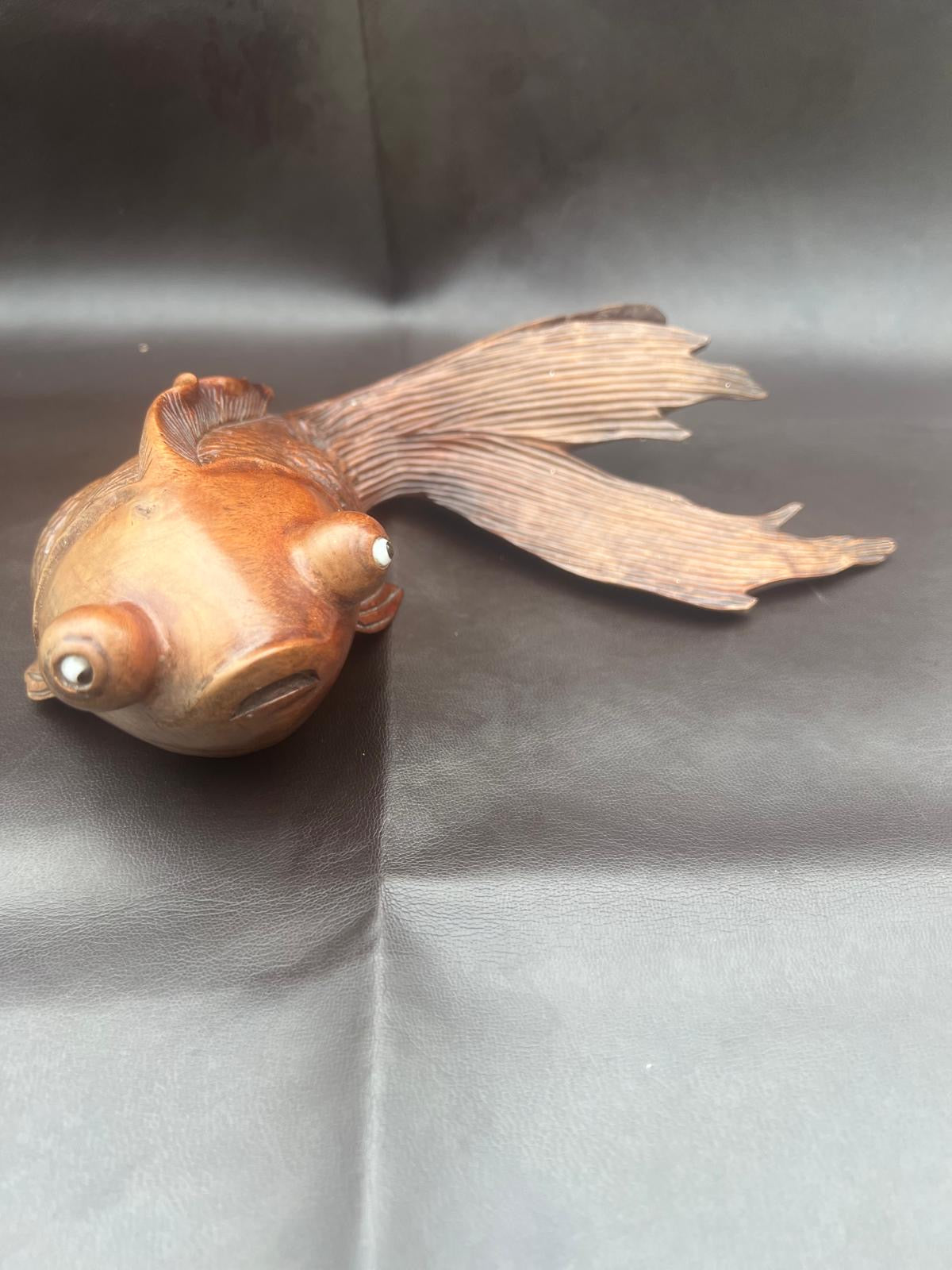 Stunning Pair of Rosewood Koi Carp Fish Ornaments with Glass Eyes Hand Carved