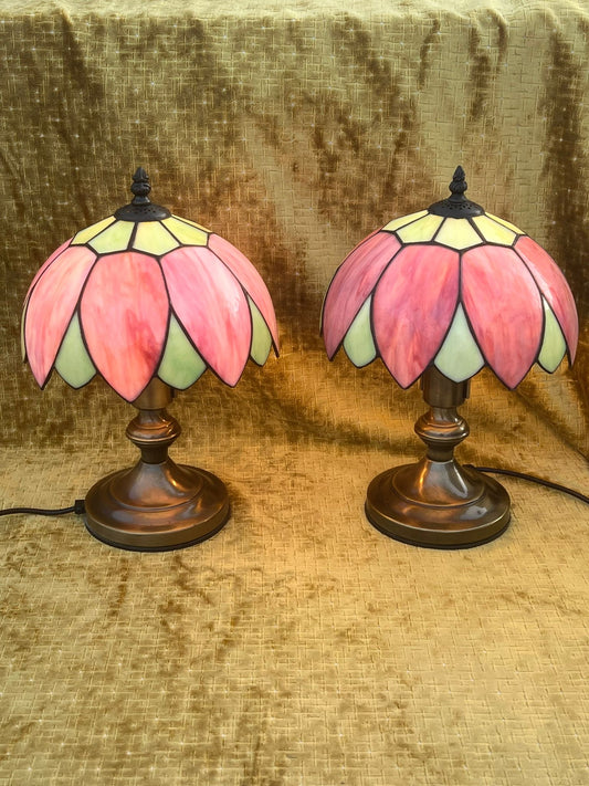 A Stunning Pair of Art Nouvea Tiffany Style Table Lamps Pink & Green