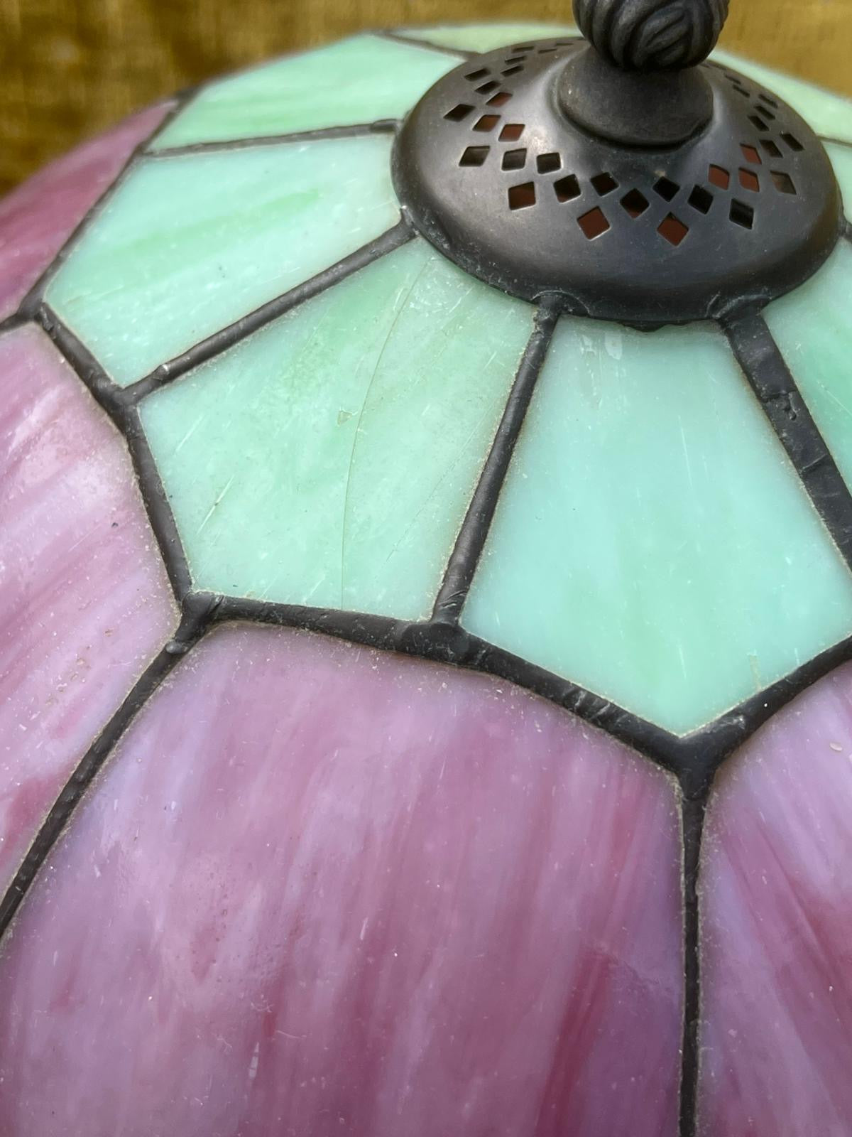 A Stunning Pair of Art Nouvea Tiffany Style Table Lamps Pink & Green
