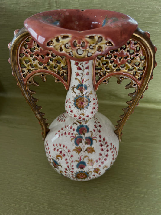 Fine Antique ZSOLNAY PECS Hungary Porcelain Twin Handled Persian Style Vase