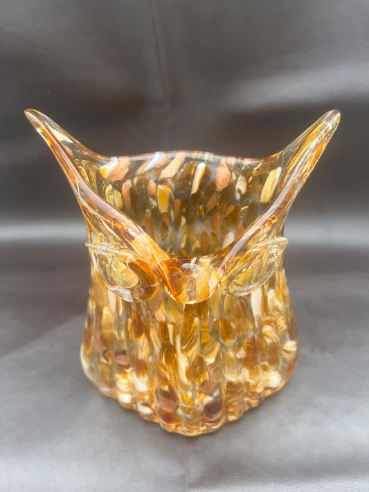 Vintage Murano Italy Hand Blown Glass Owl Vase Amber Brown Gold Glitter
