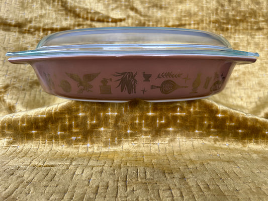 Vintage Pyrex Brown / Gold Divided Casserole Dish with Clear Lid 1950 USA