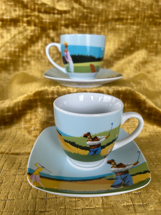 Rare Pair Of Finecasas Coffee Cups and Saucers in a Golf Design