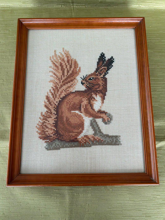 Stunning Cross Stitch of a Red Squirrel Medium Tone Frame