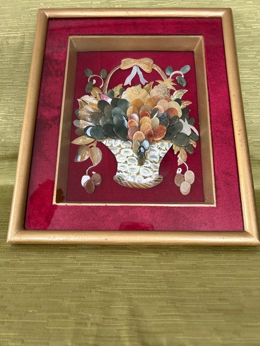 Vintage Mid Century Shell and Jade Art Shadow Box Featuring Floral Art