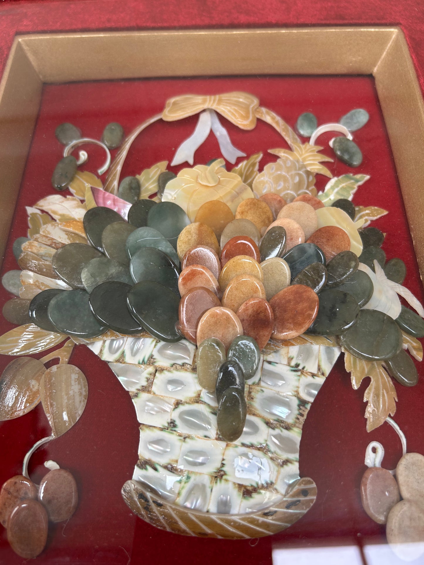 Vintage Mid Century Shell and Jade Art Shadow Box Featuring Floral Art