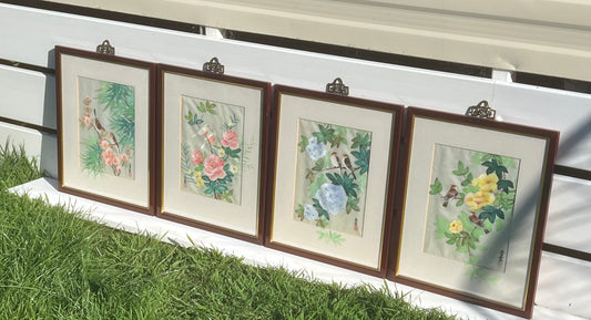 Original Set Of 4 Chinese Watercolours Silk Signed COA Rinalda Ward Qui-sang
