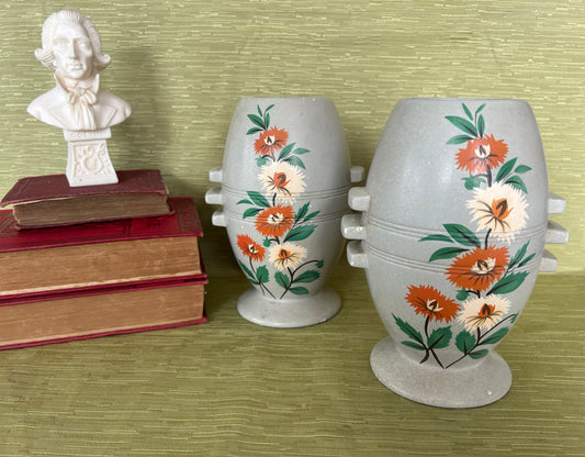 Retro Pair Of Gresham Vases In Grey With Orange Floral Design