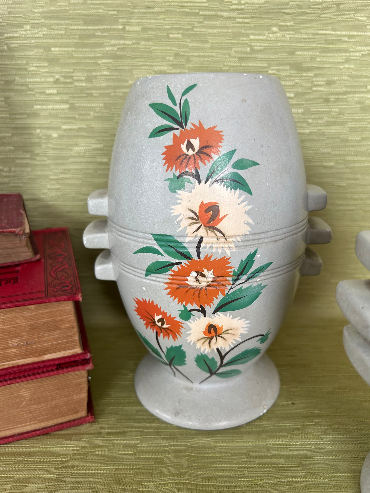 Retro Pair Of Gresham Vases In Grey With Orange Floral Design