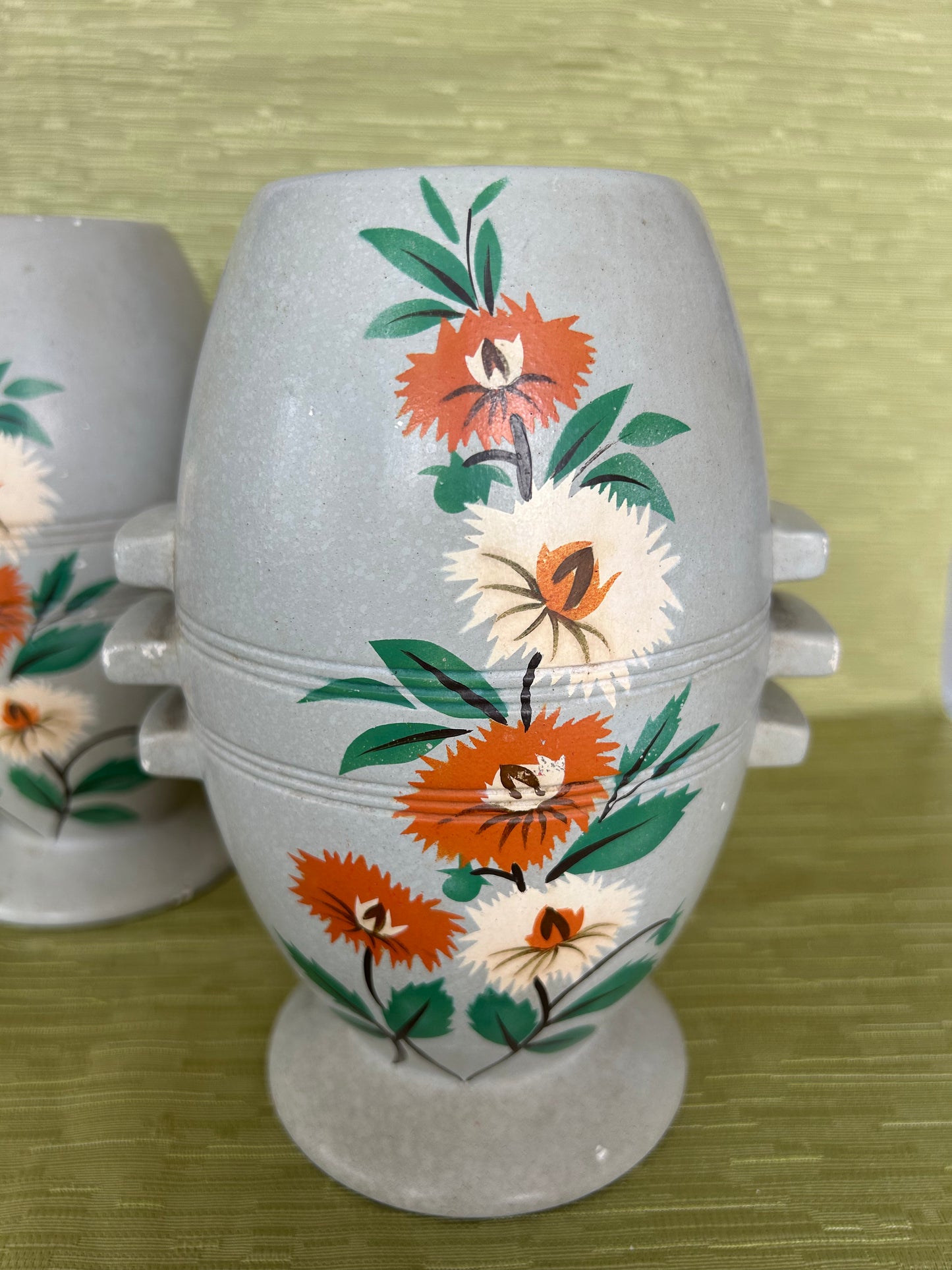 Retro Pair Of Gresham Vases In Grey With Orange Floral Design