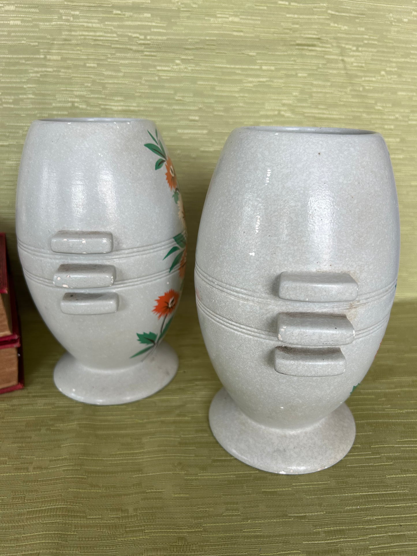 Retro Pair Of Gresham Vases In Grey With Orange Floral Design