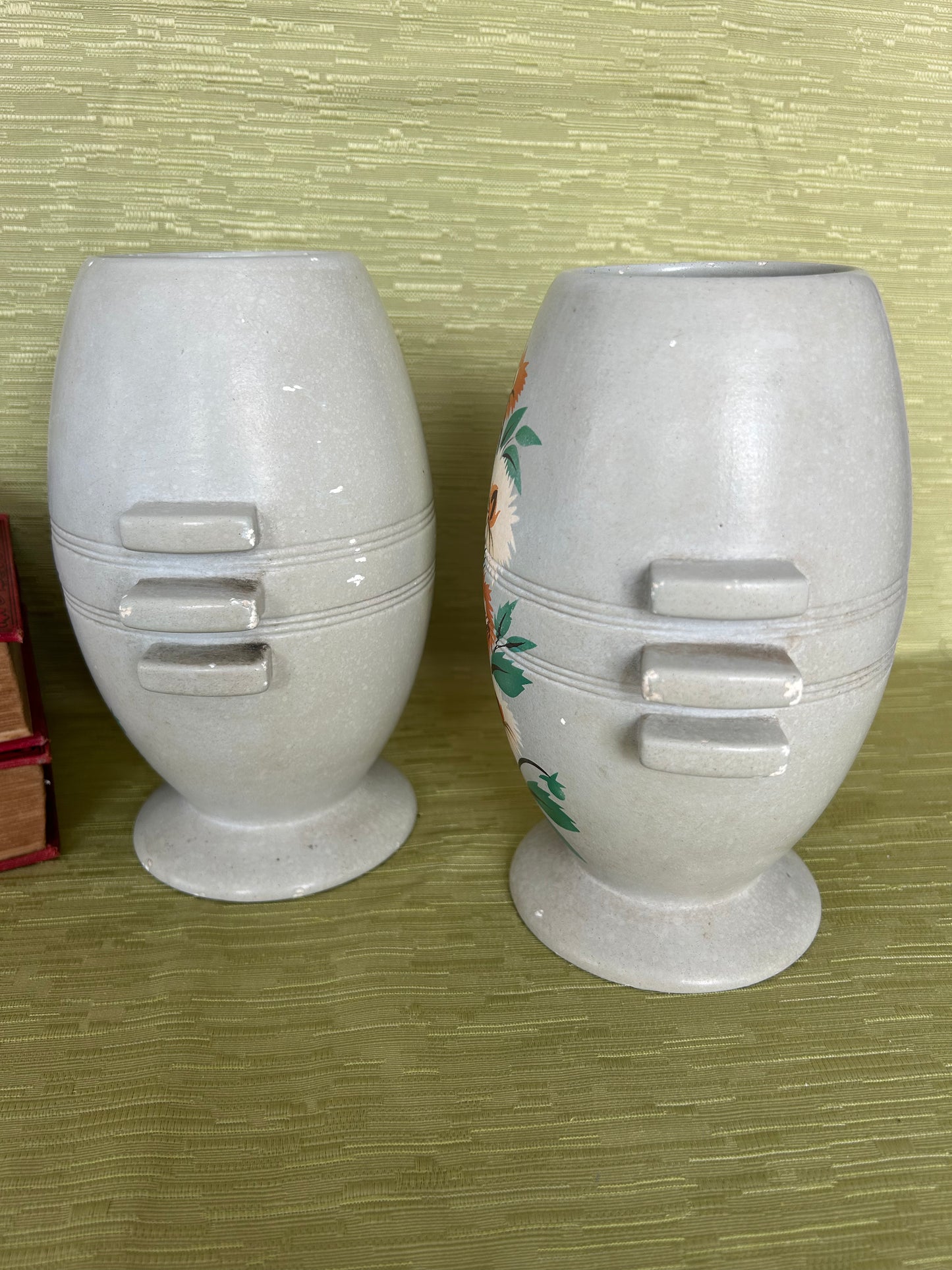 Retro Pair Of Gresham Vases In Grey With Orange Floral Design