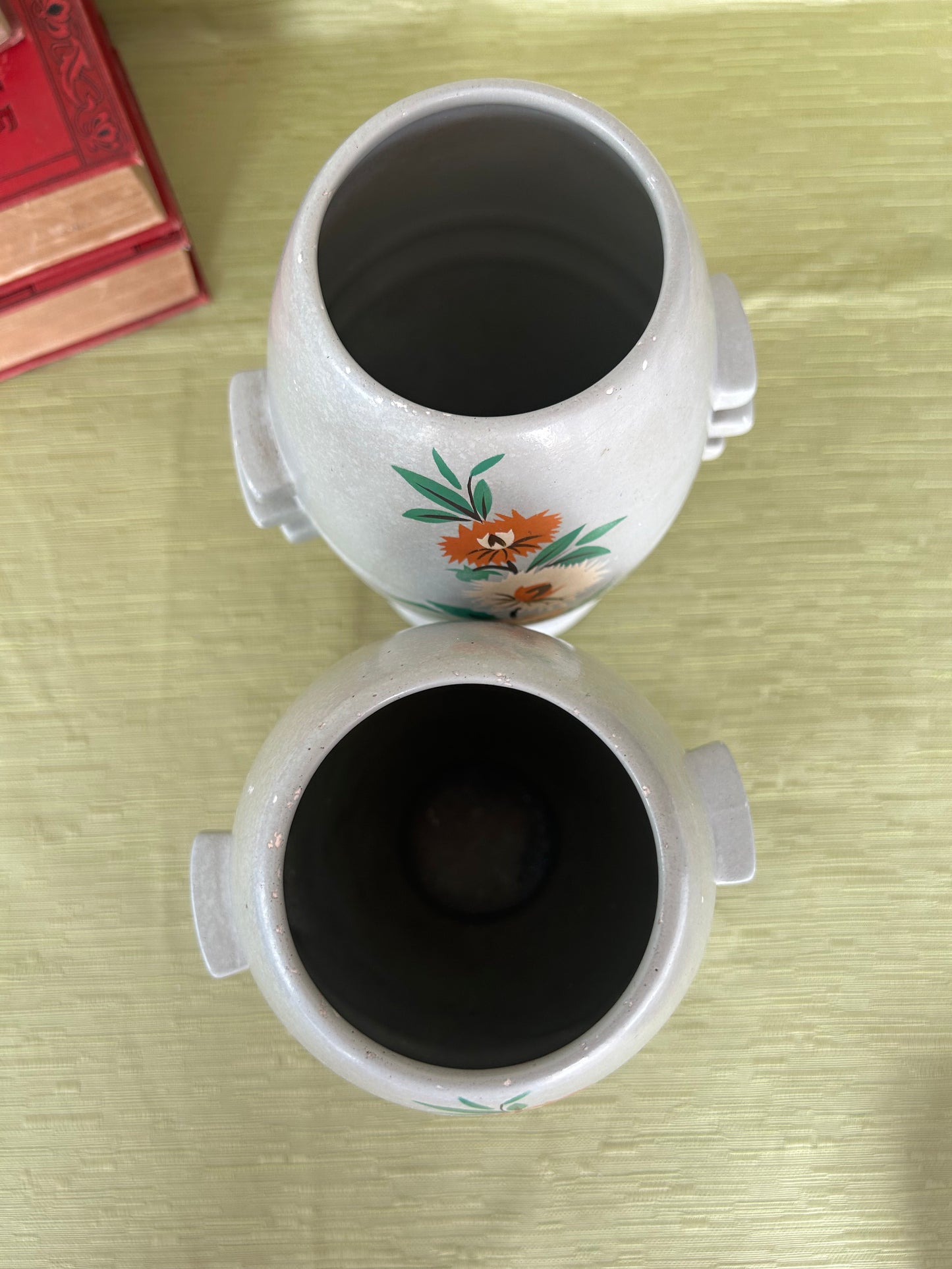 Retro Pair Of Gresham Vases In Grey With Orange Floral Design
