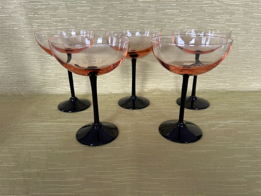 Five Vintage Retro Pink & Black Stem Cocktail Champagne Glasses