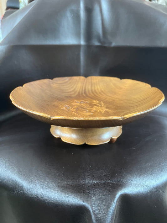 Vintage Swiss Musical Wooden Footed Bowl Fruit Bowl Carved Floral Design Fully Working