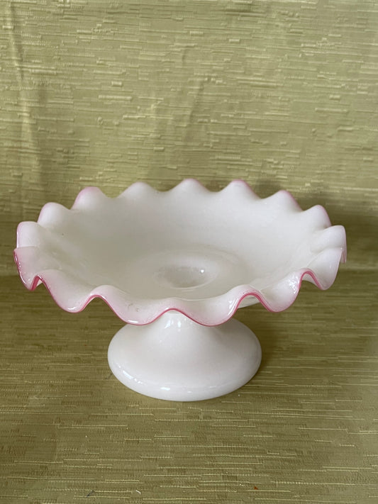 French Antique Opaline Ruffled Edge Pink Crest Glass Tazza Compote Circa 1860