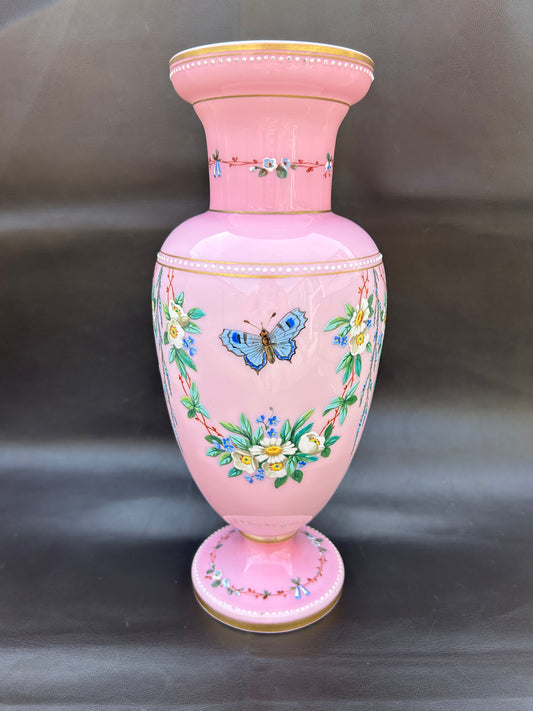 Stunning Large Victorian Opaline Vase Hand Painted Flowers Butterflies Gold Gilt