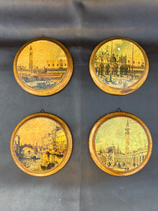 Vintage Lithograph Round Wall Plaques Of Venice Landmarks Rare Italy Set Of 4