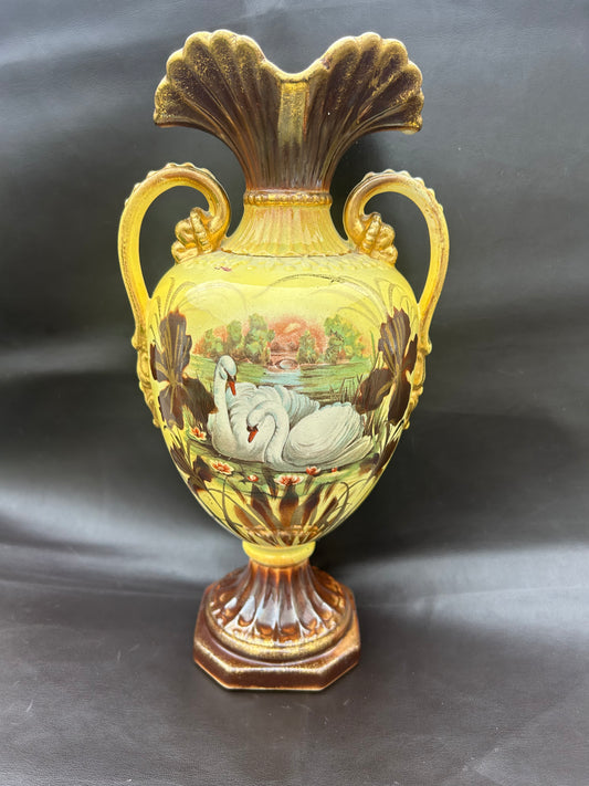 Antique Italian Porcelain Ruffle Top Base In Yellow Swans On Lake Hand-Painted
