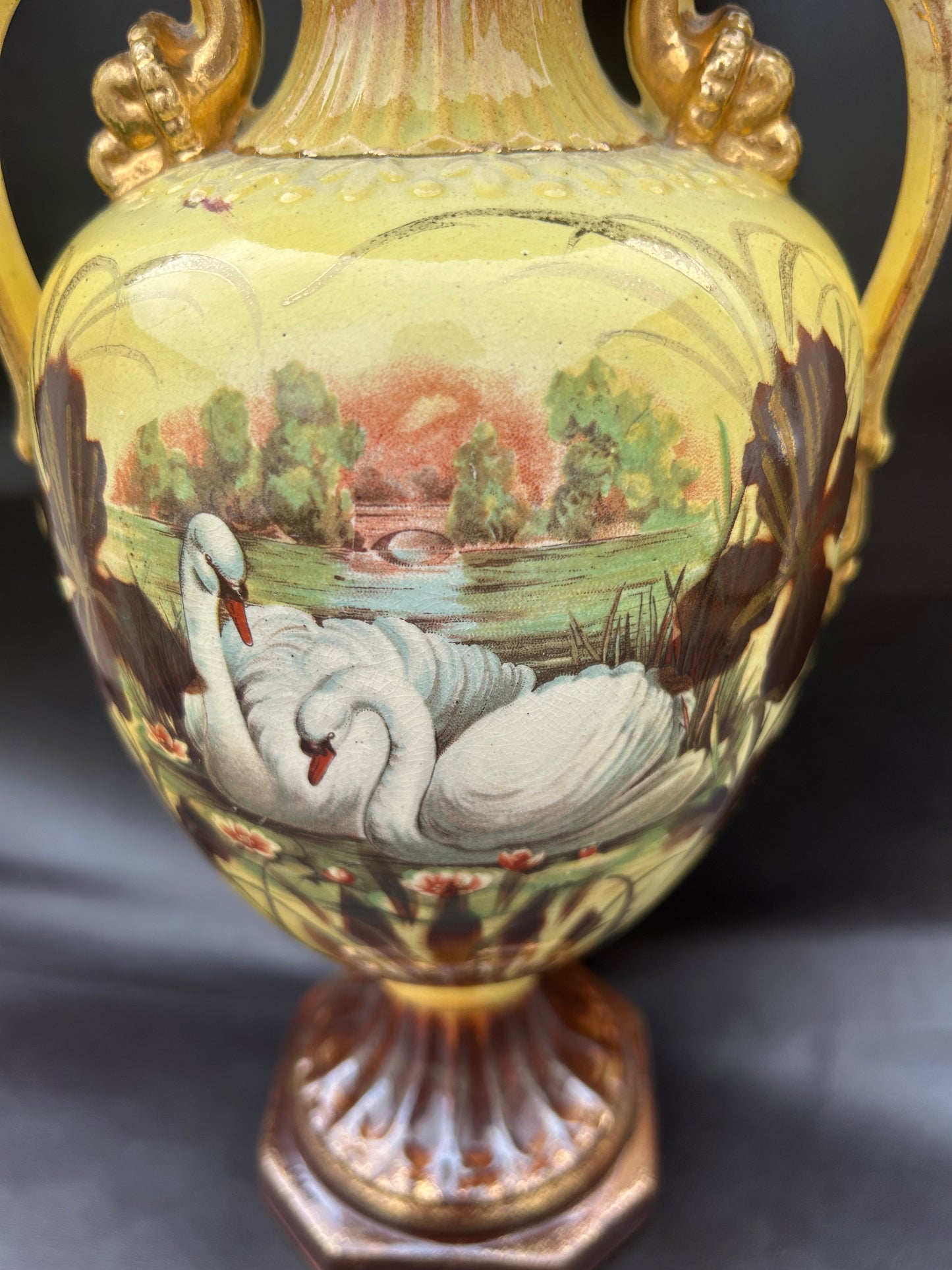Antique Italian Porcelain Ruffle Top Base In Yellow Swans On Lake Hand-Painted