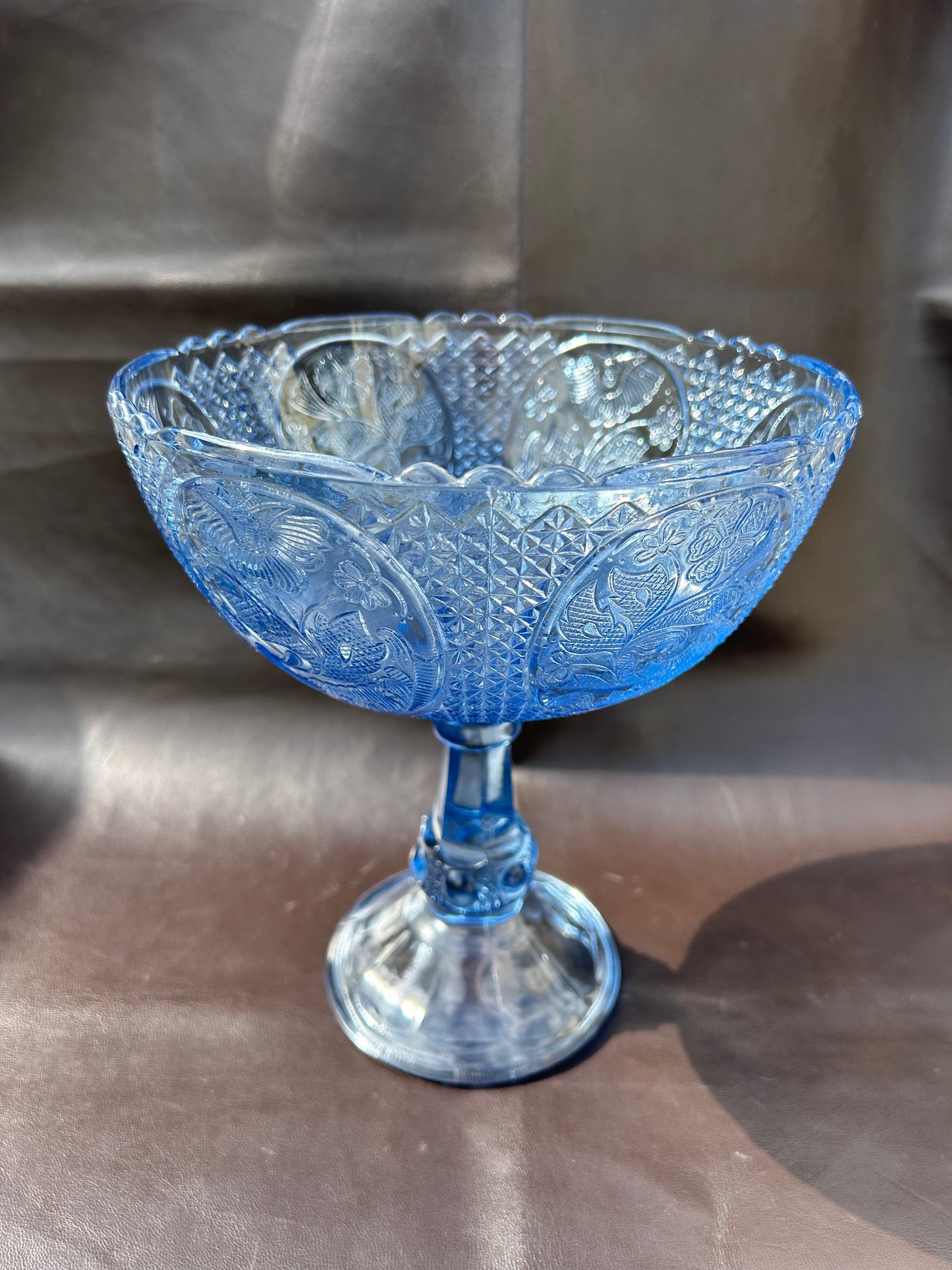 Riihimäki Lasi Finland Vintage Blue Pedestal Fruit Bon Bon Glass Bowl 1960’s