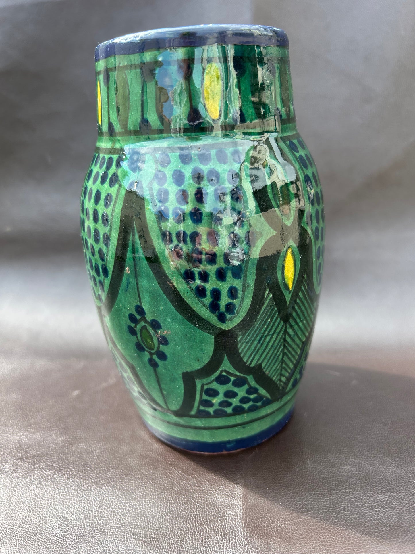 Ahmed Serghini Morocco Safi Pottery Vase Vintage Green & Yellow