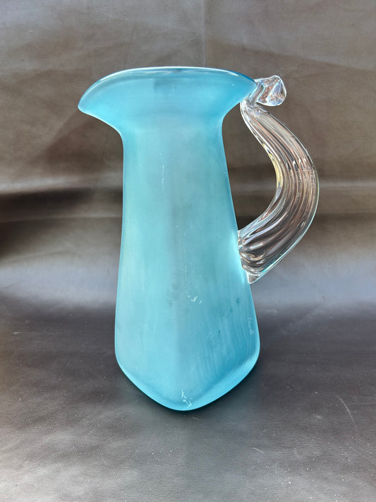 Genuine Steven Newell Blue Frosted Jug Pitcher Clear Handle Vintage Mid Century