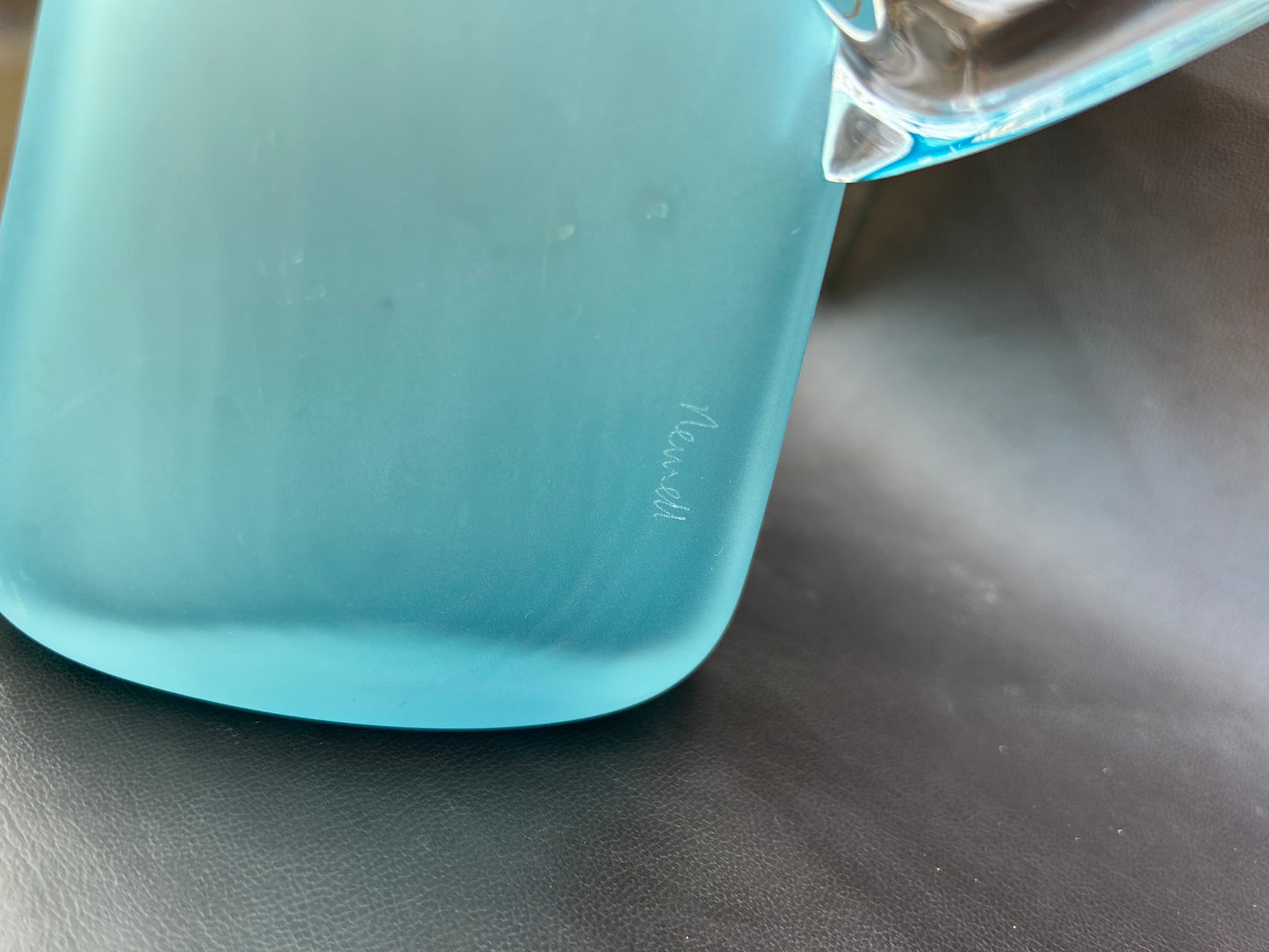 Genuine Steven Newell Blue Frosted Jug Pitcher Clear Handle Vintage Mid Century