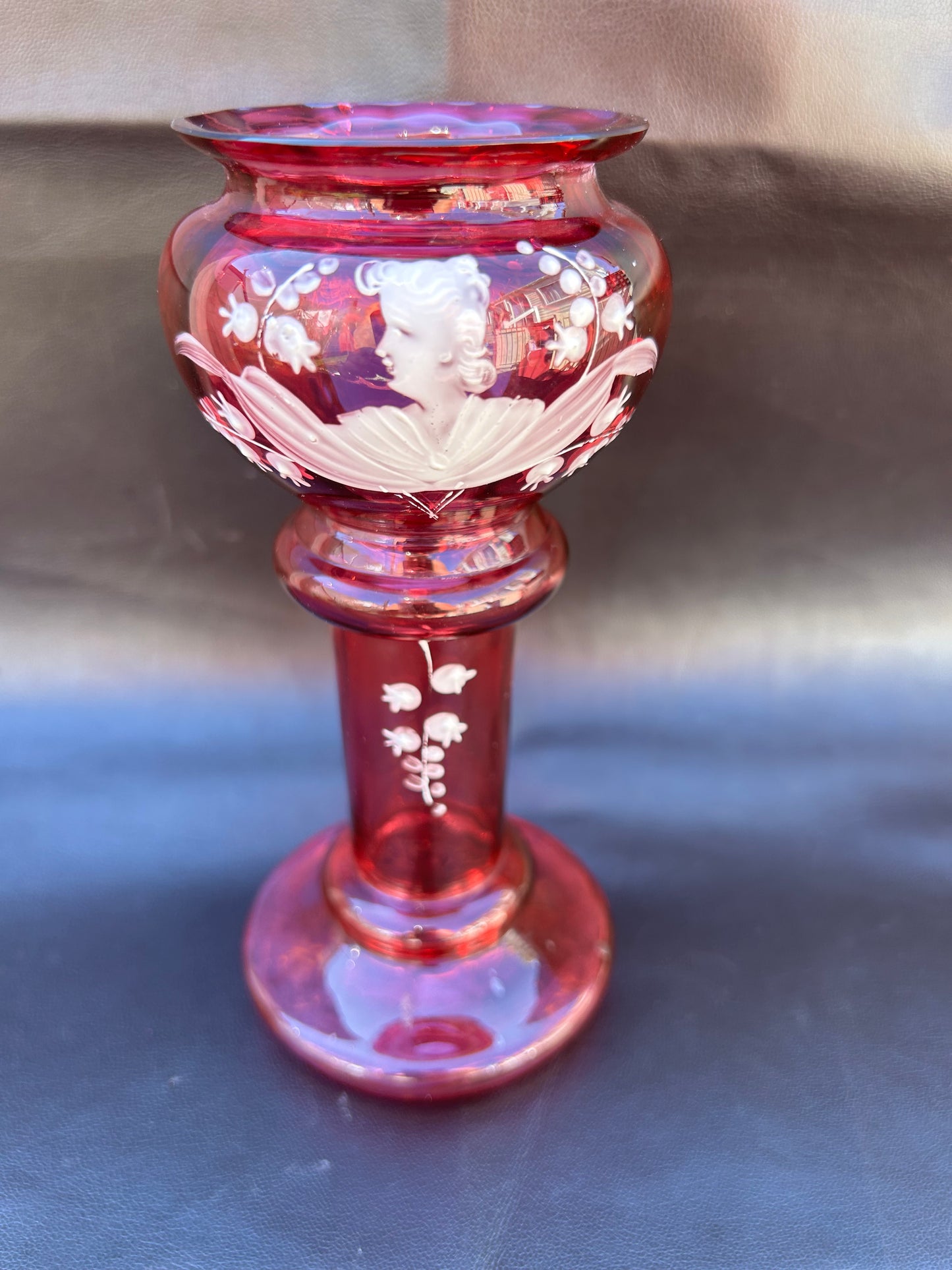 Antique Cranberry Glass Vase By Mary Gregory With White Enamel Design
