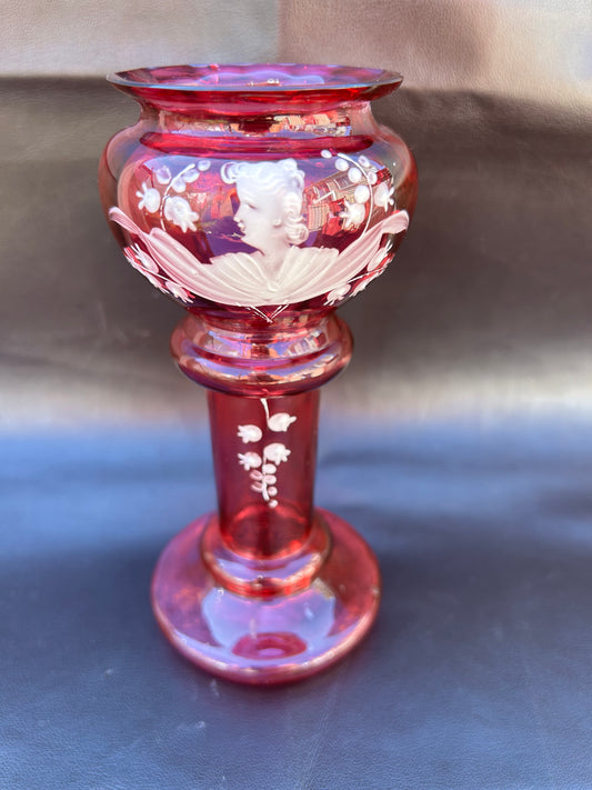 Antique Cranberry Glass Vase By Mary Gregory With White Enamel Design