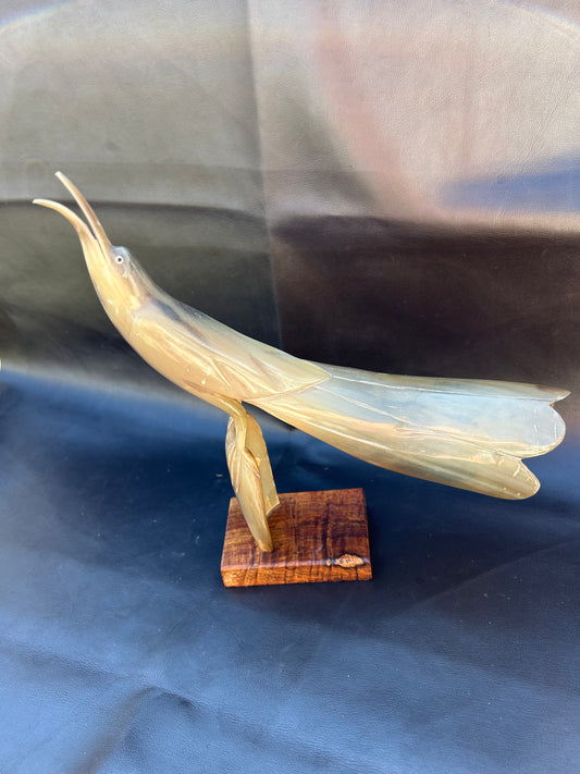 Vintage Mid Century Cow Horn Sculptured Sea Bird On Oak Base Retro