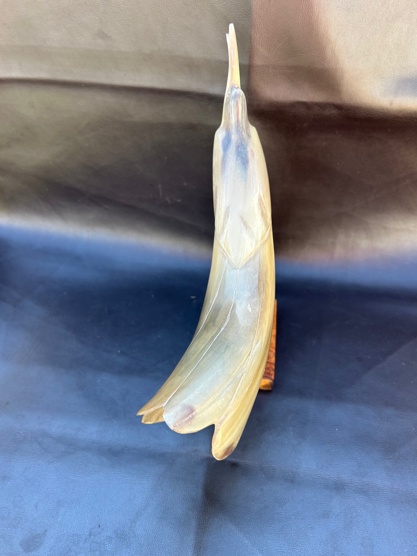 Vintage Mid Century Cow Horn Sculptured Sea Bird On Oak Base Retro
