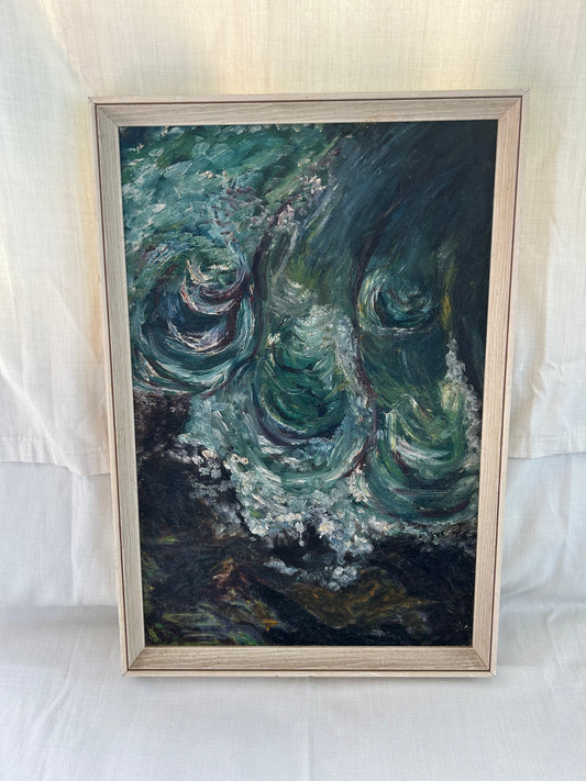 Vintage Retro Textured Original Art In Blues Greens Depicting Waves Ocean c1966