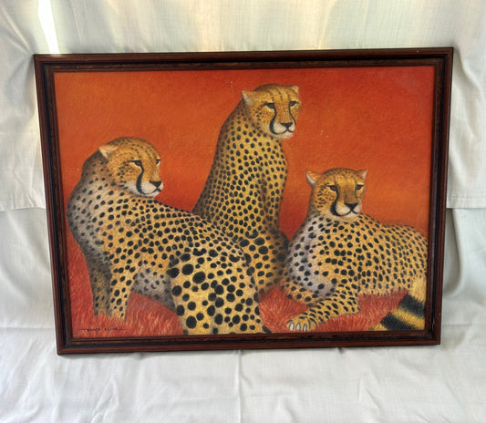 True Retro Vintage Original Painting In Orange with Leopards Signed And Framed