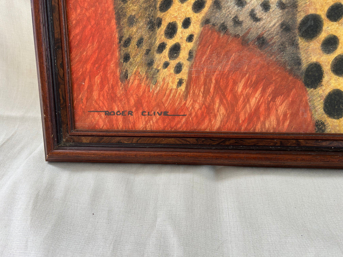 True Retro Vintage Original Painting In Orange with Leopards Signed And Framed