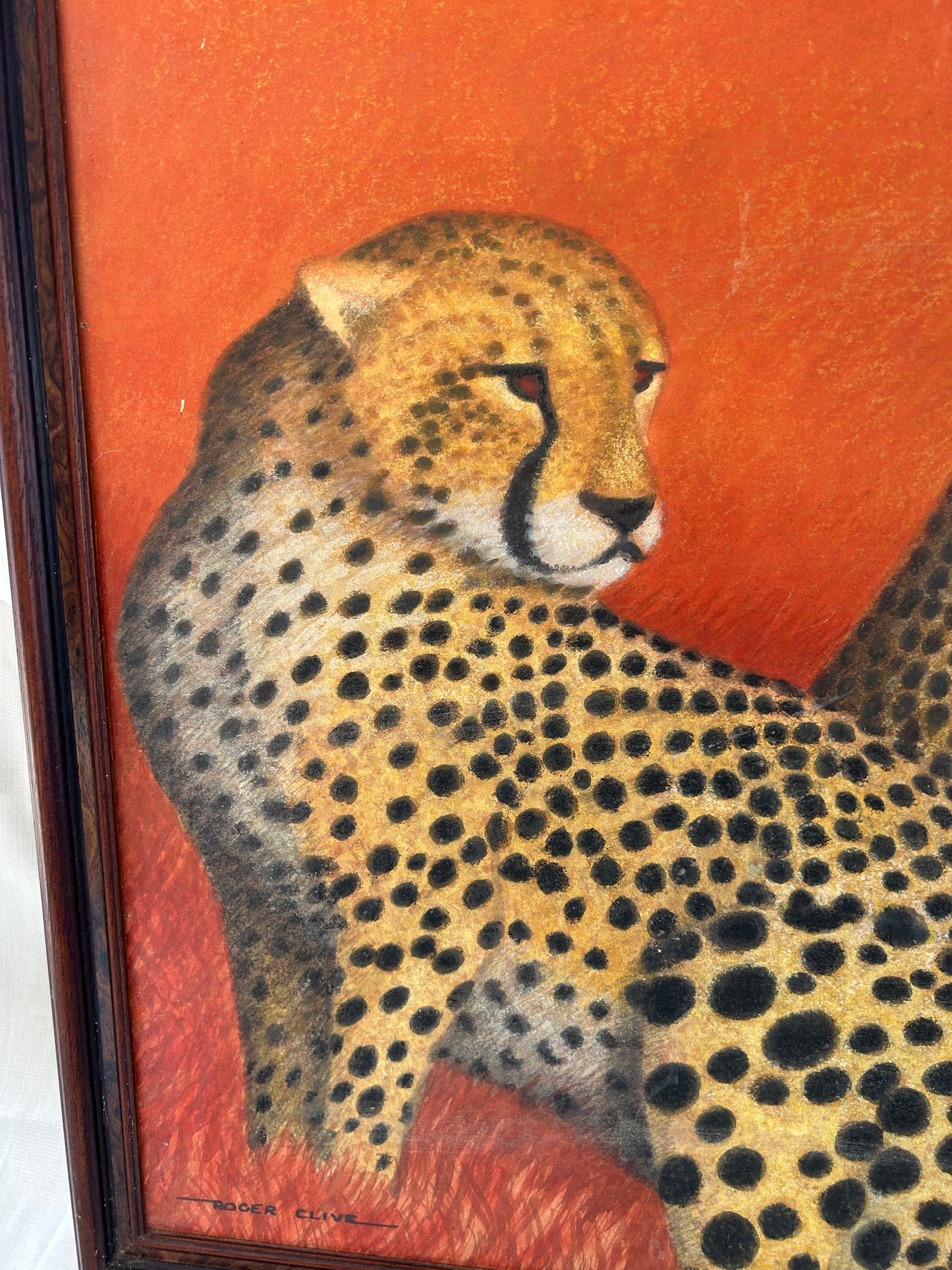True Retro Vintage Original Painting In Orange with Leopards Signed And Framed