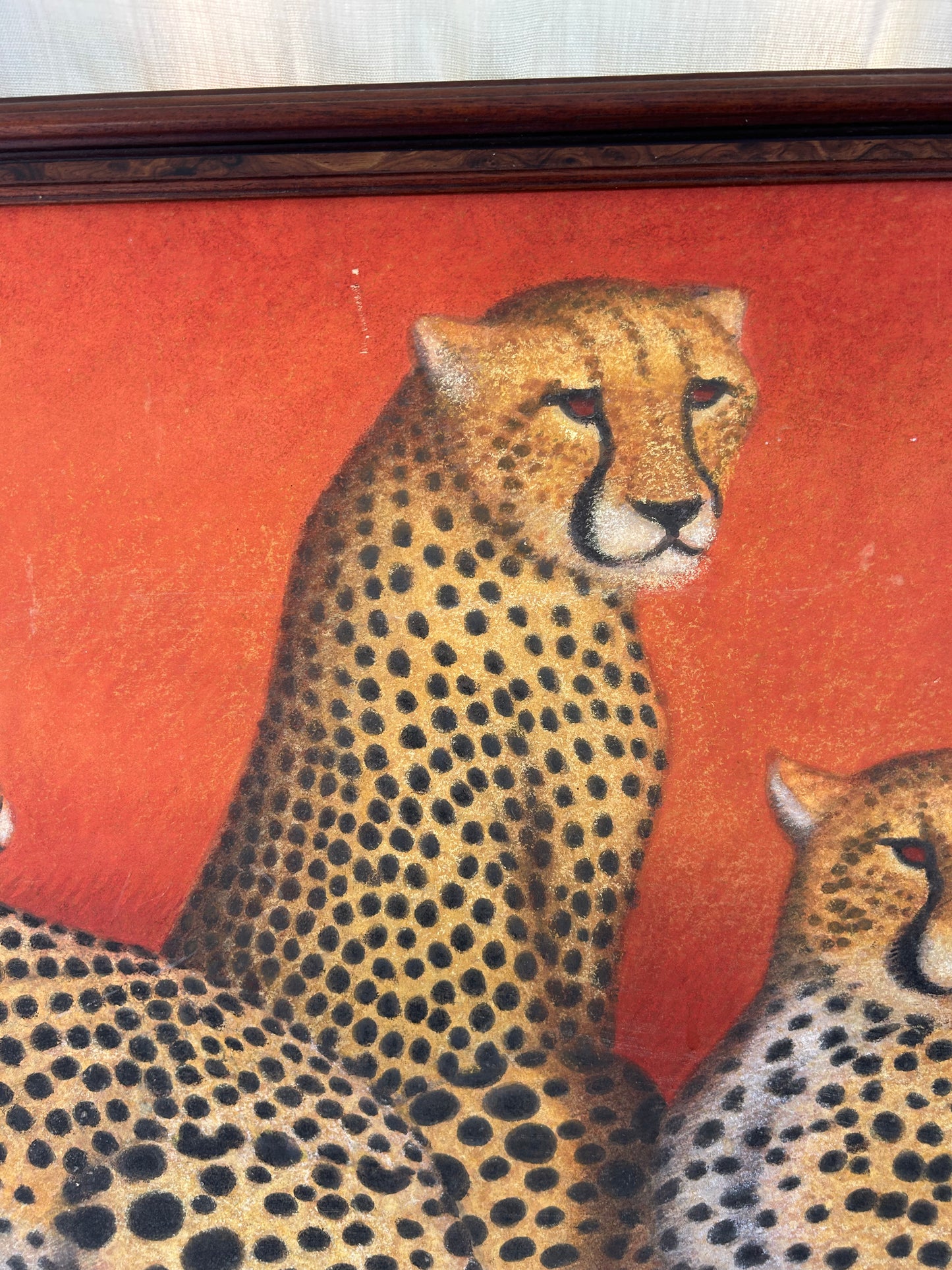 True Retro Vintage Original Painting In Orange with Leopards Signed And Framed
