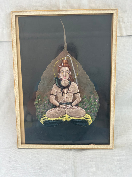 Peepal Leaf Painting Lord Shiva Sacred Meditation Religious Art Framed